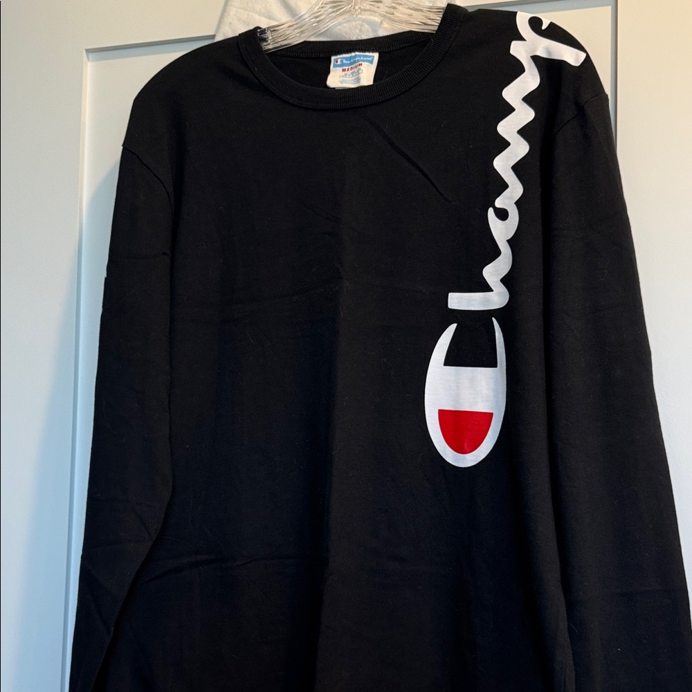 NWT Men’s Champion Black Long Sleeve with Red and White Logo